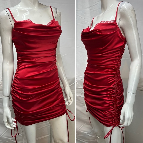 Oh Polly Red Satin Ruched Stretchy All For You Mini Bodycon Dress US 6 (UK 10) - Picture 5 of 10